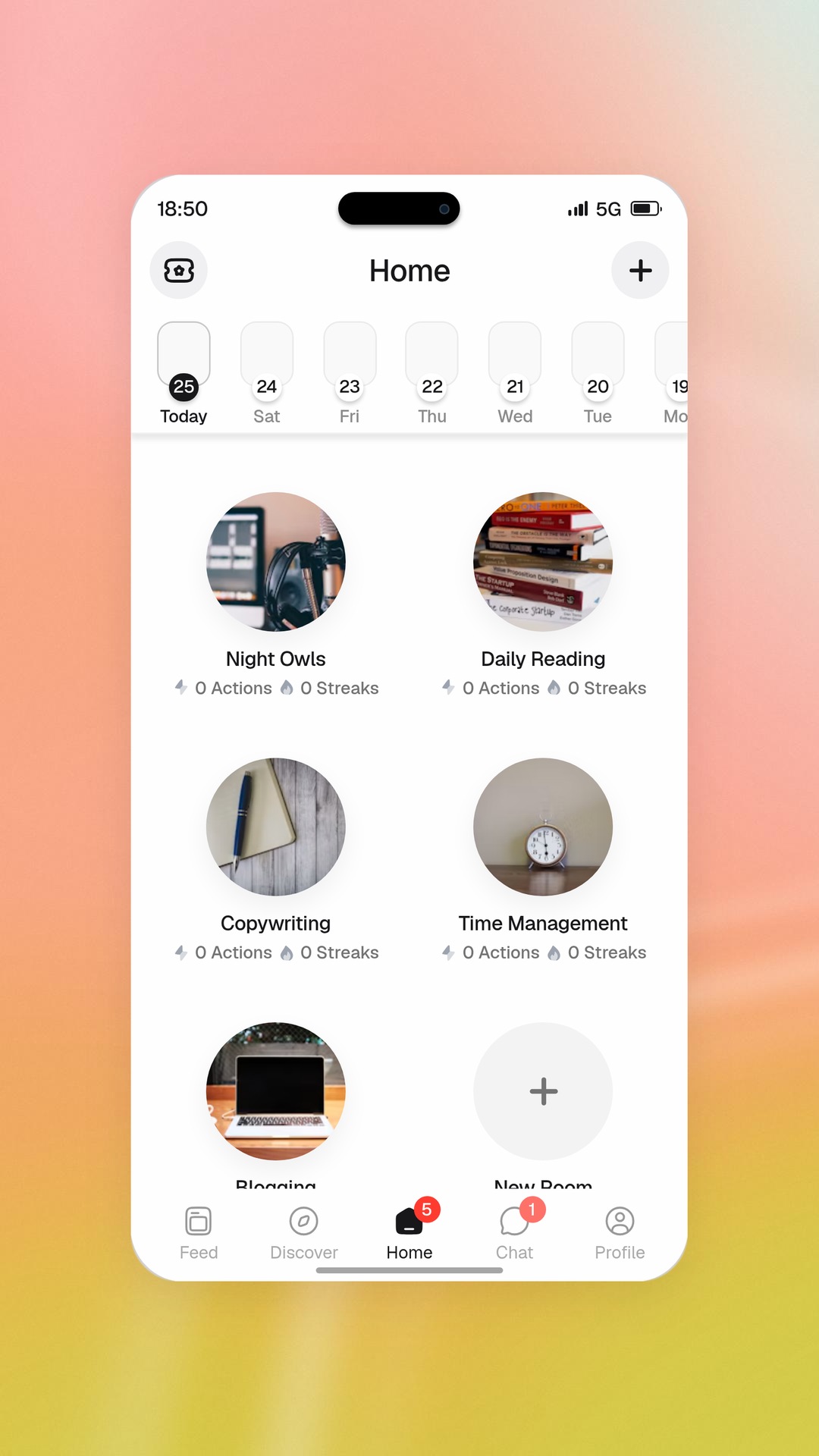 Aksa app Home screen with daily goals and streaks on a warm apricot background