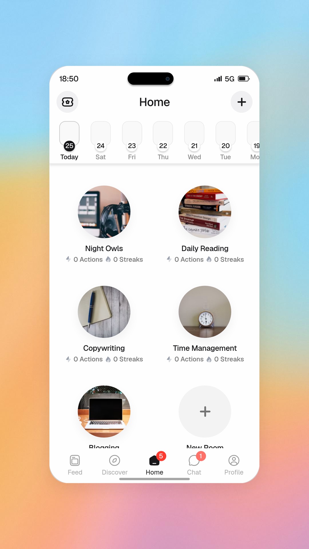 Aksa app Home screen with daily goals and streaks on a soft sky background