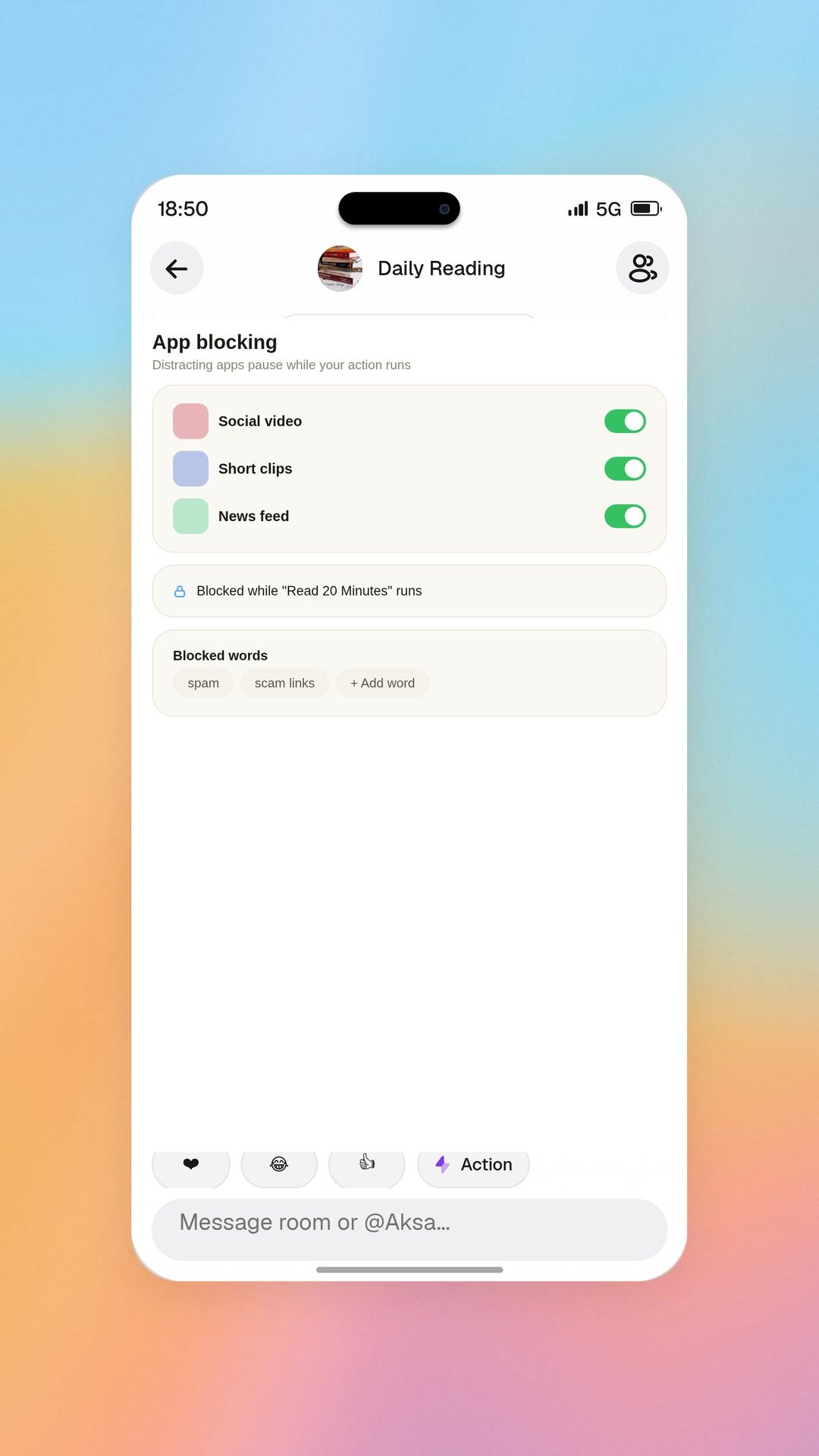 Aksa app app-blocking and blocked words settings, on a soft red background (illustration)