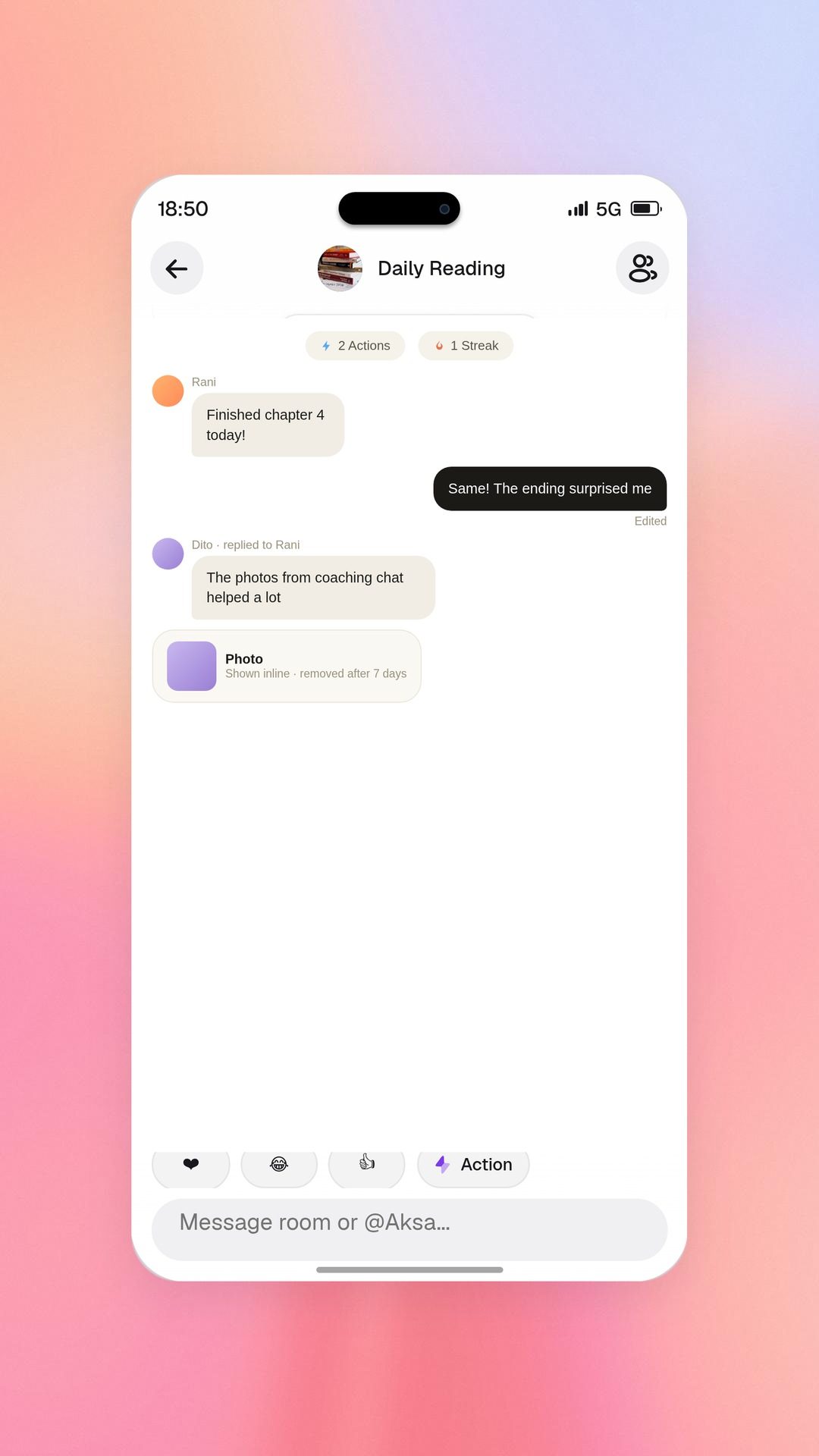 Aksa app room chat with replies, edits and inline photos, on a sunset background (illustration)