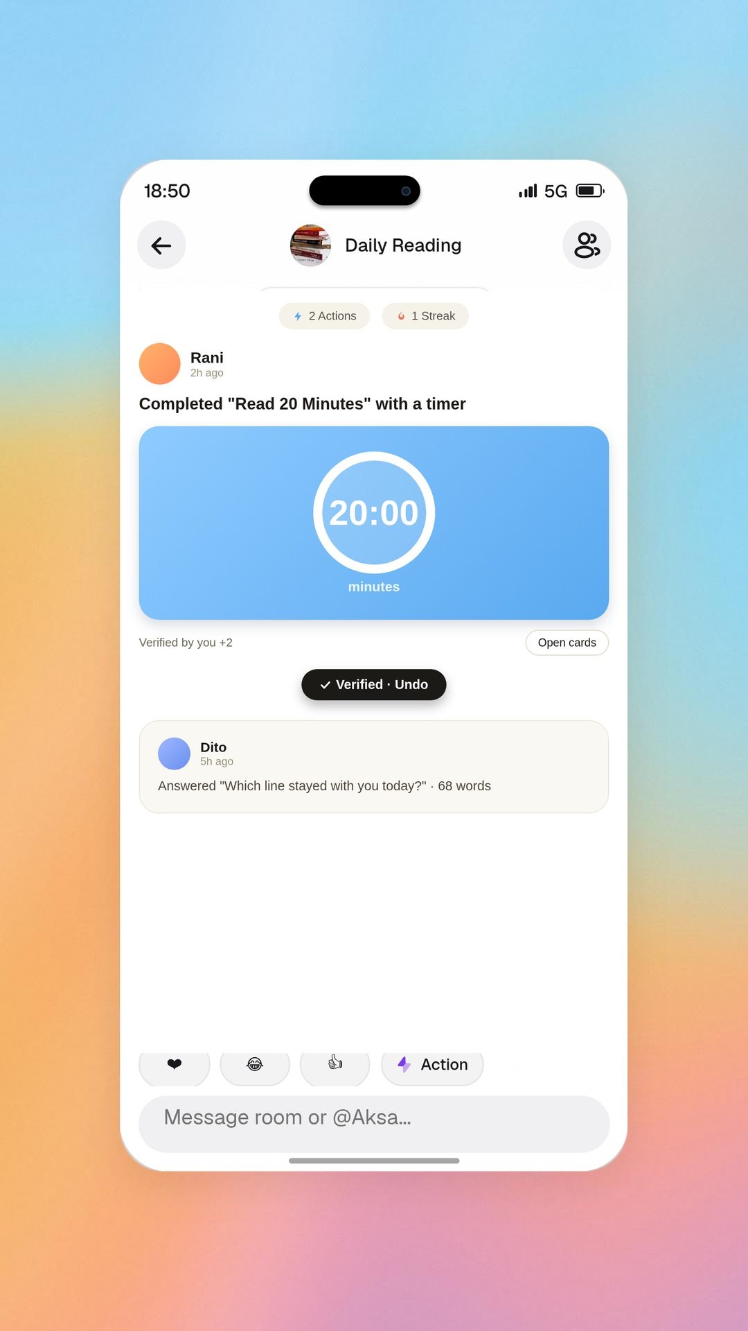 Aksa app proof post in a goal room with peer verification, on a soft sky background (illustration)