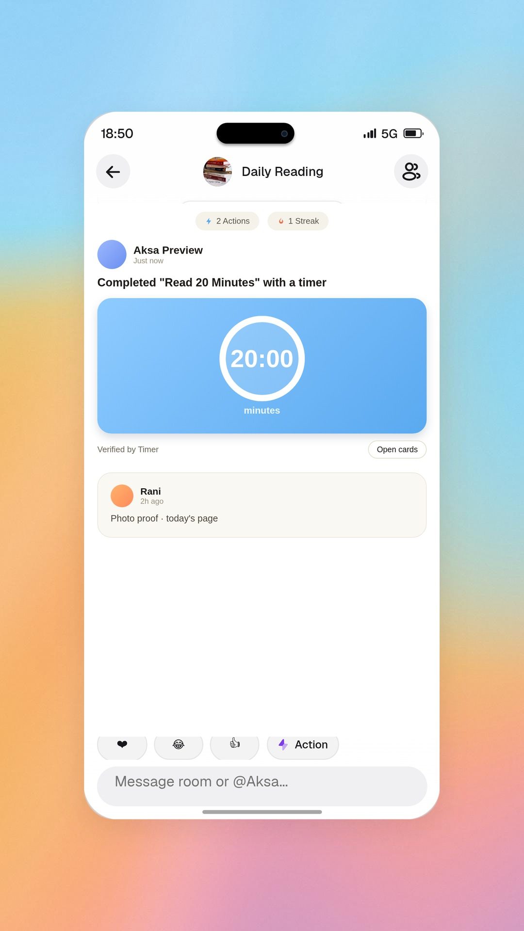 Aksa app proof post with a finished focus timer result, on a soft sky background (illustration)