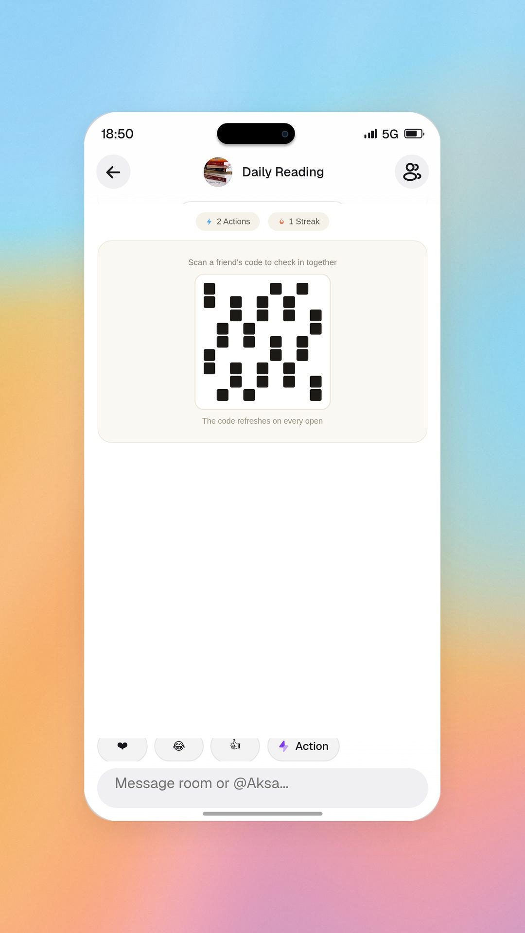 Aksa app QR check-in code in a goal room, on a soft sky background (illustration)