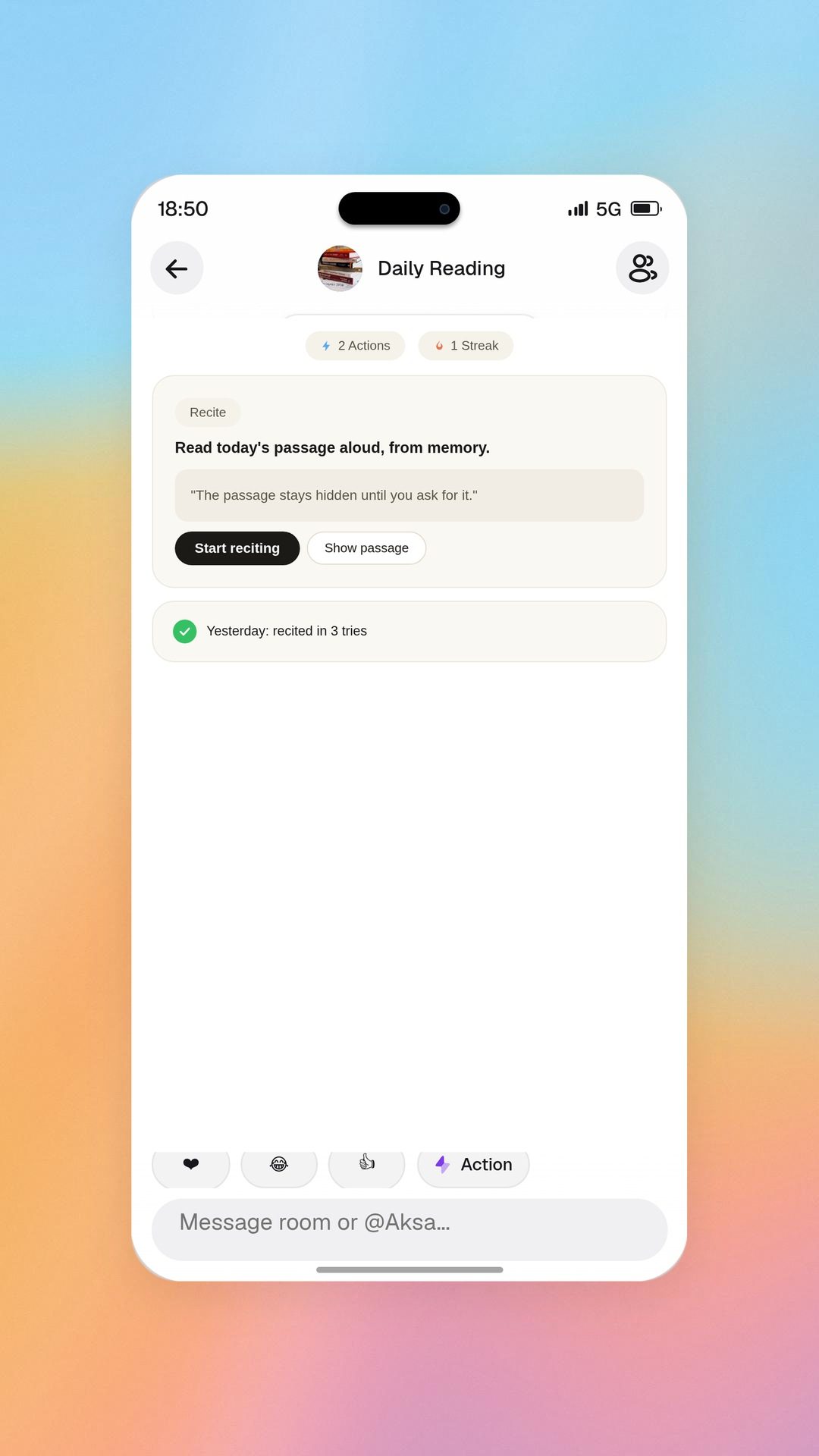 Aksa app recite-from-memory action, on a soft green background (illustration)