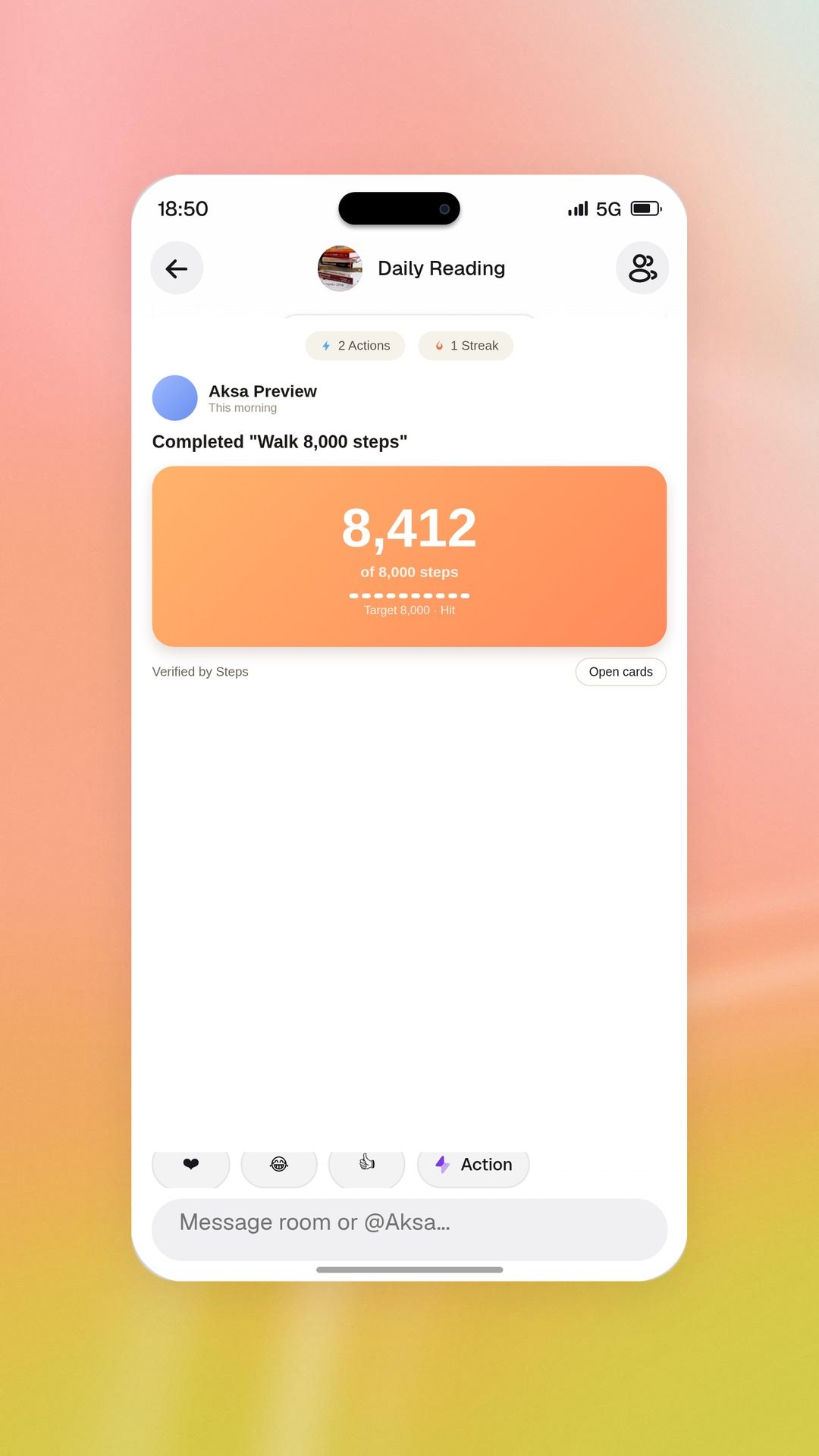 Aksa app proof post with a steps result, on a warm apricot background (illustration)