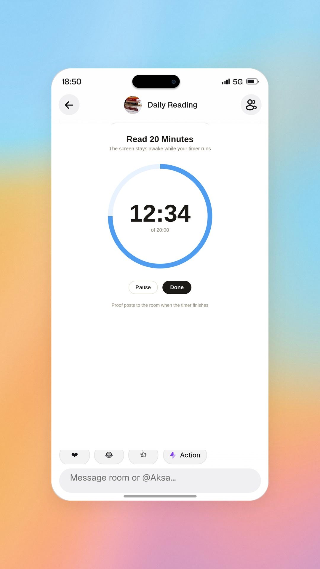 Aksa app focus timer while it runs, on a soft sky background (illustration)