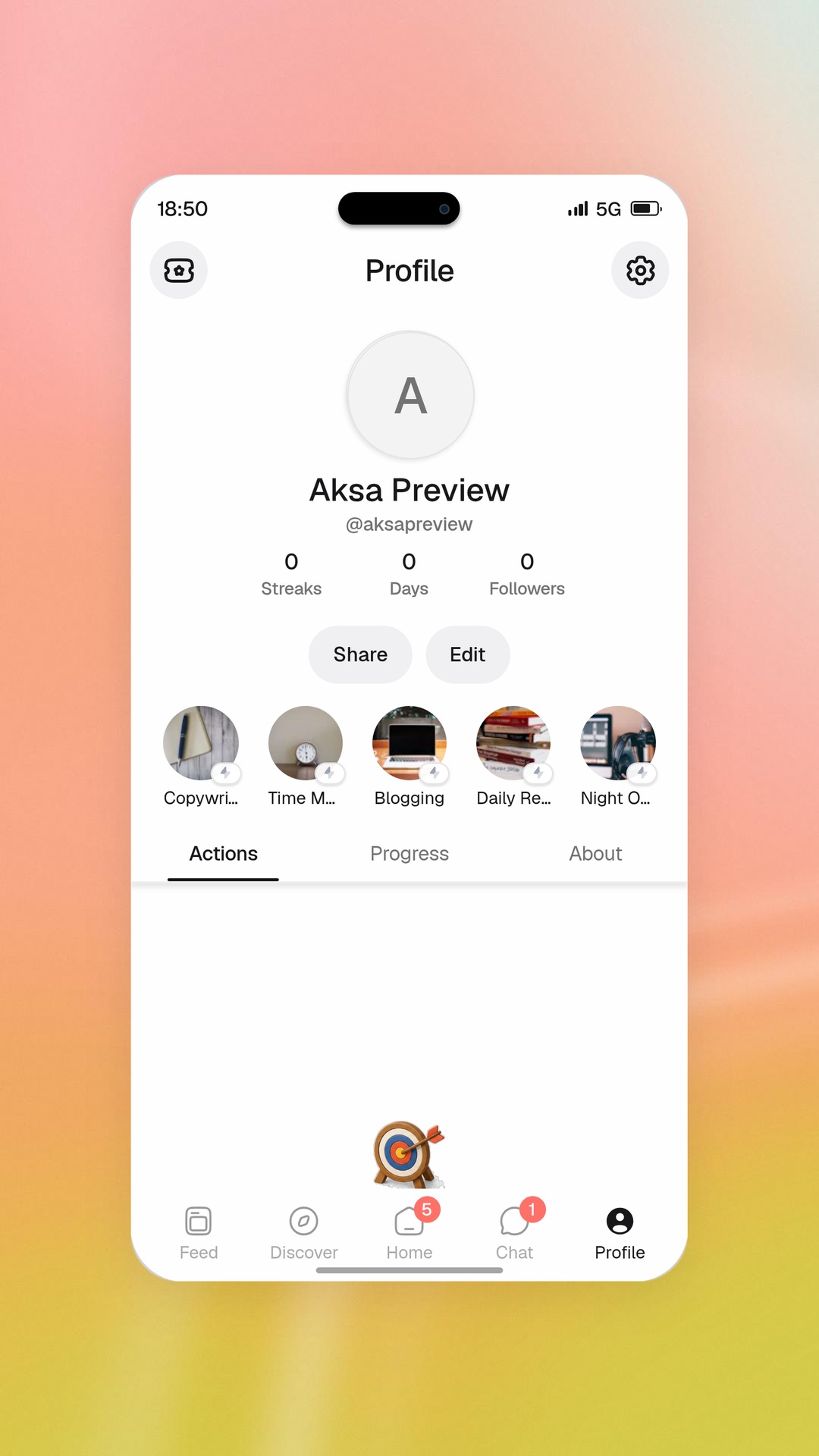 Aksa app profile with streaks and progress on a warm apricot background