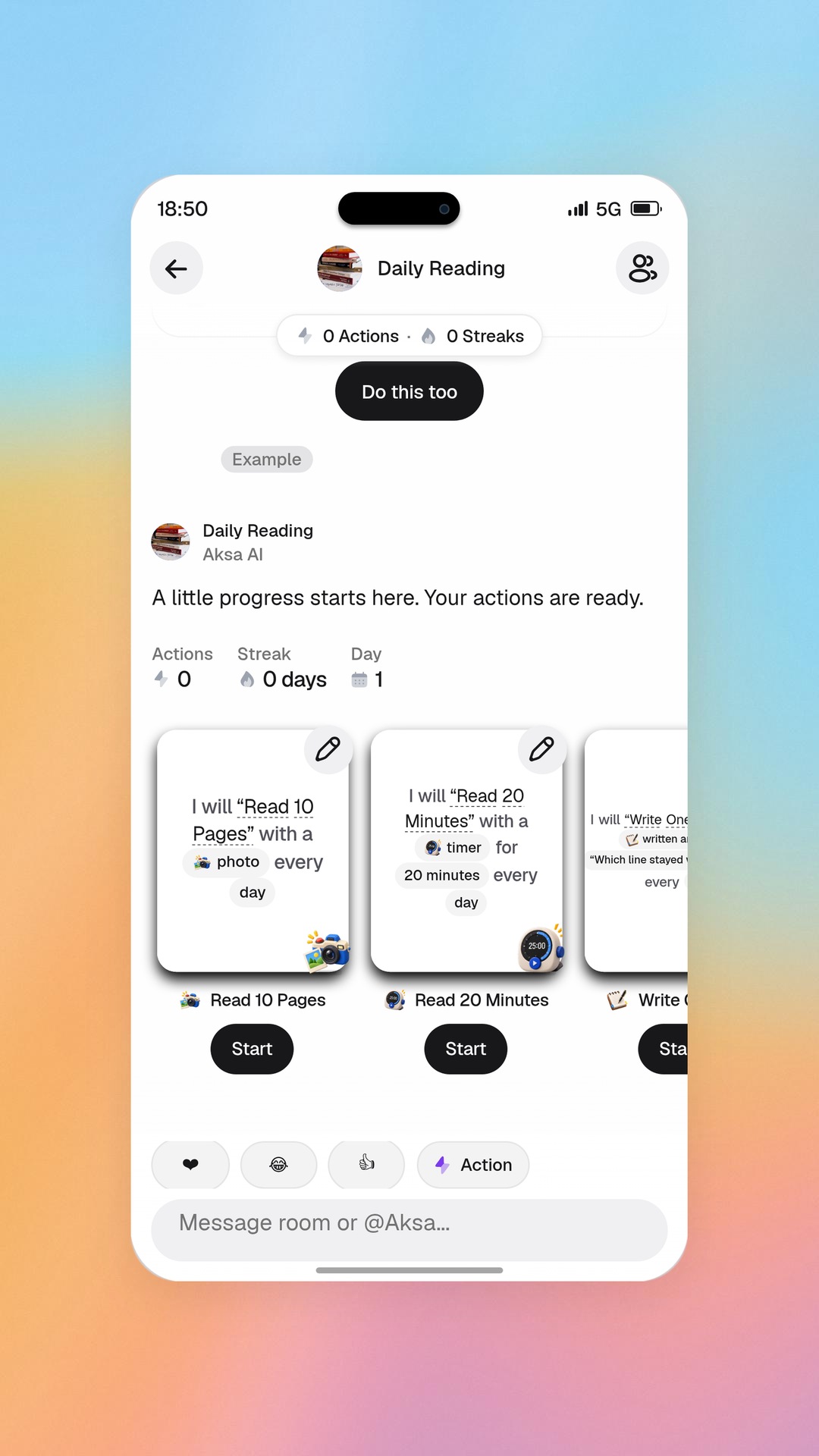 Aksa app goal room with daily actions and proof on a soft sky background