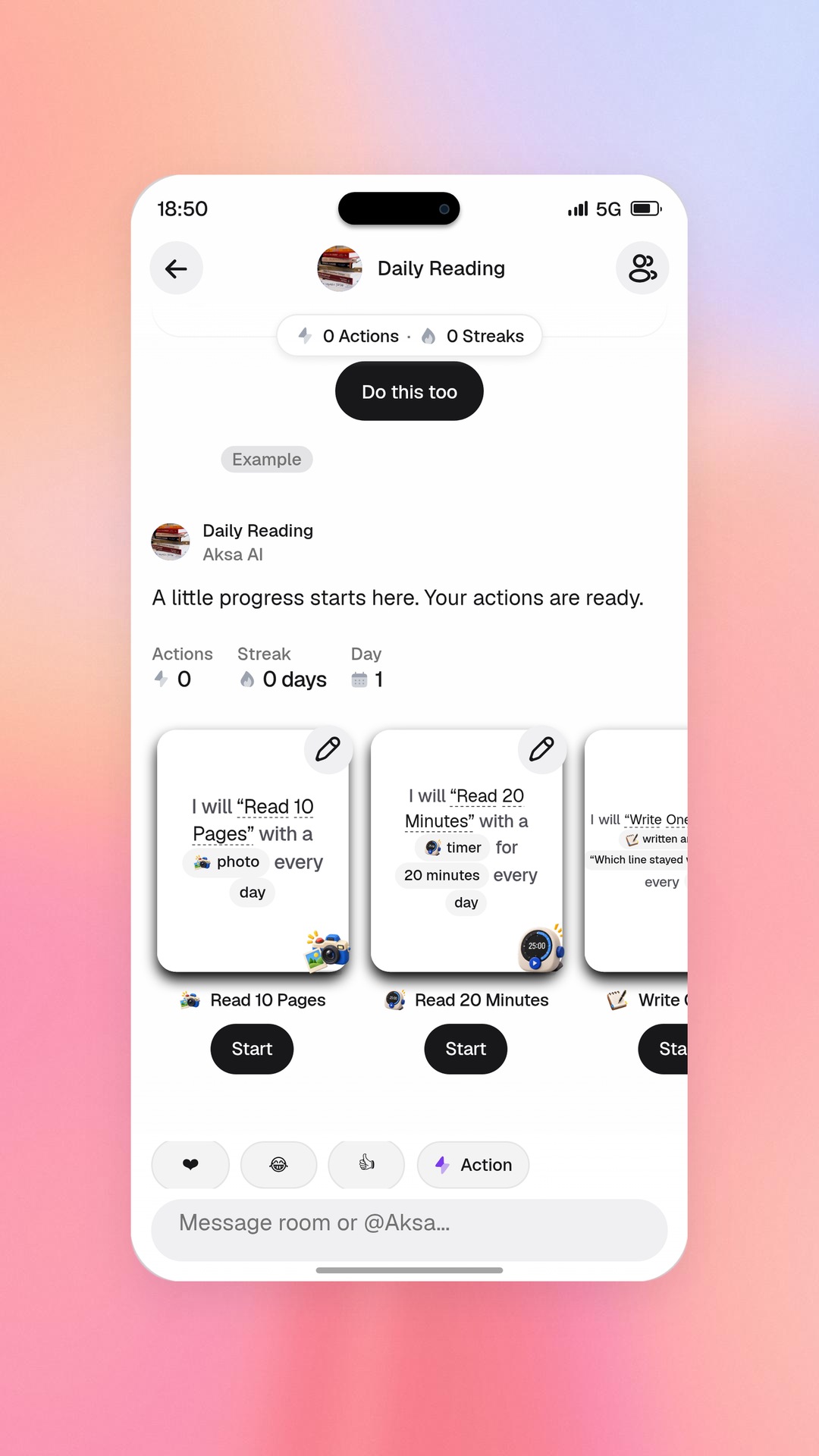 Aksa app goal room with daily actions and proof on a sunset background